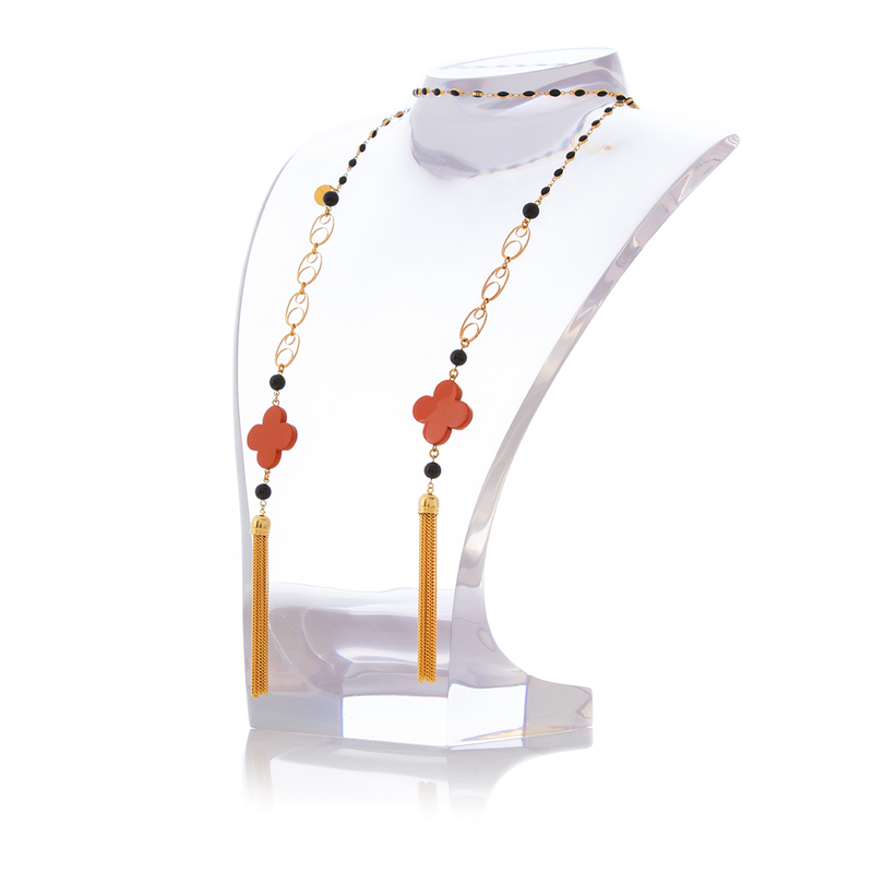 MAURESK Double Tasseled Orange Lacquered Horn and Black Agate Necklace