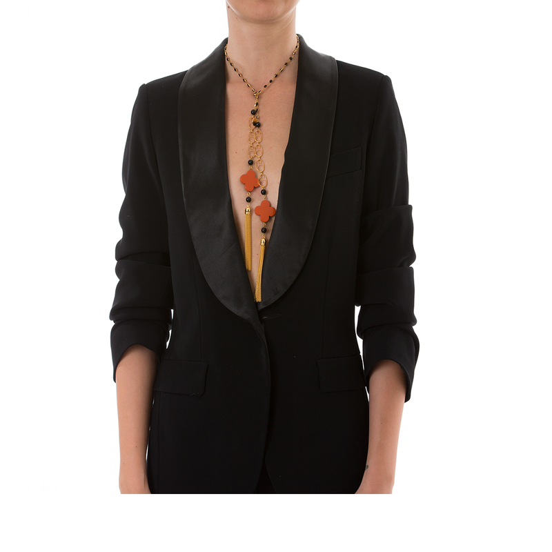 MAURESK Double Tasseled Orange Lacquered Horn and Black Agate Necklace
