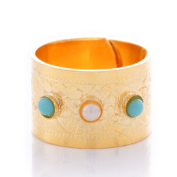 METIS Adjustable Gold-Plated Ring & Turquoise and Pearly Crystal Cabochon