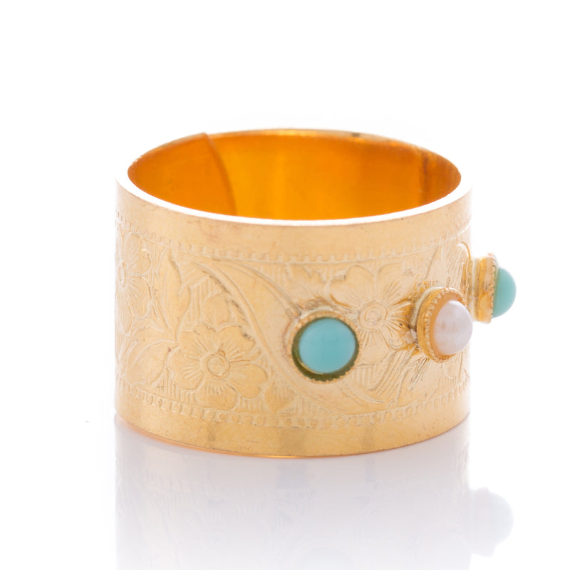 METIS Adjustable Gold-Plated Ring & Turquoise and Pearly Crystal Cabochon