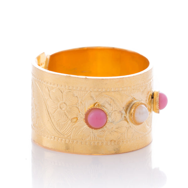 METIS Adjustable Gold-Plated Ring & Pink and Pearly Crystal Cabochon