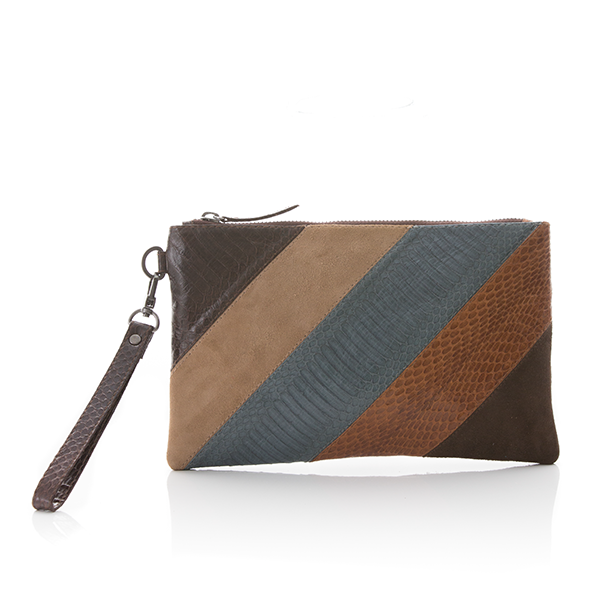 MINAD compact clutch suede and cobra, brown tobacco grey blue and beige