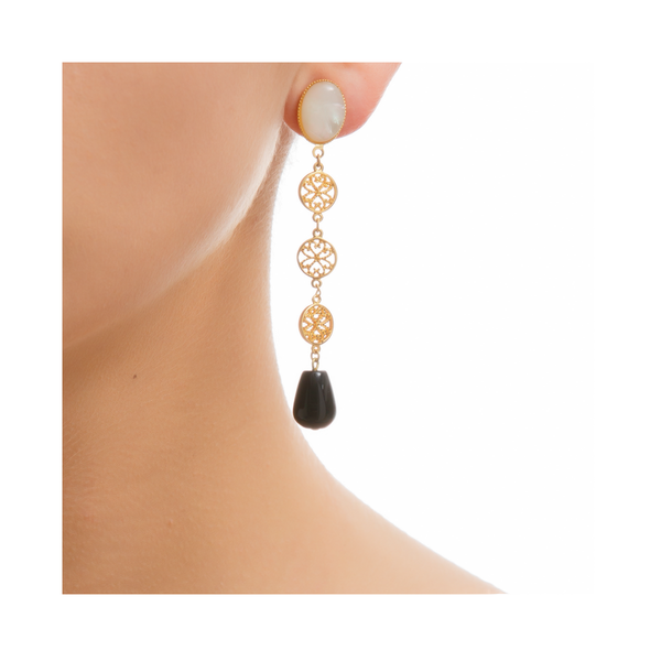 NOOR earring gold-plated pearl and black agate