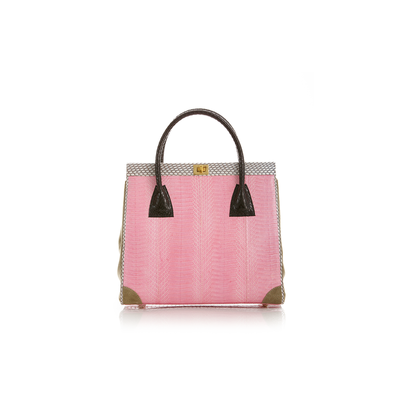 Hand Carry Bag ONG SAN FU Baby Pink Cobra and Ciment Suede