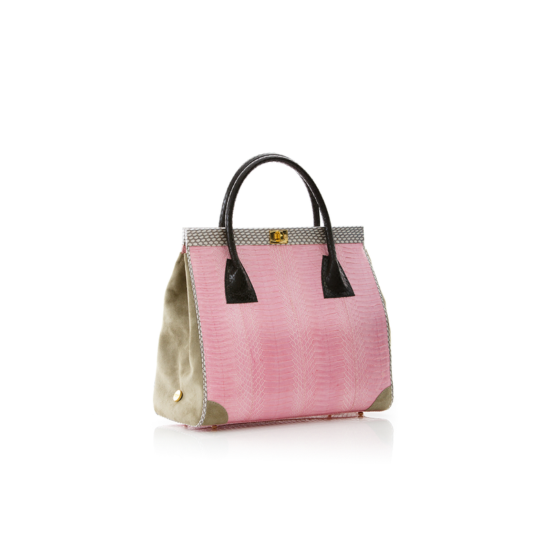 Hand Carry Bag ONG SAN FU Baby Pink Cobra and Ciment Suede