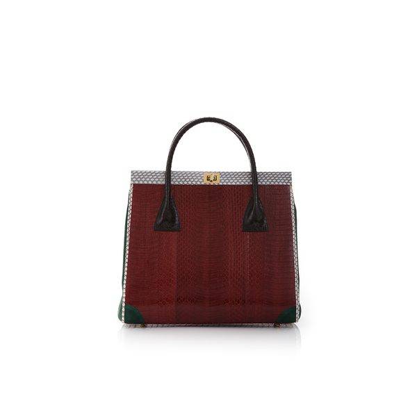 Hand Carry Bag ONG SAN FU Cassis Cobra and Green Forest Suede