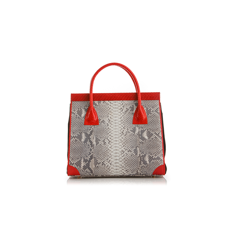 Hand Carry Bag ONG SAN FU Natural Python Red Cobra and Black Suede