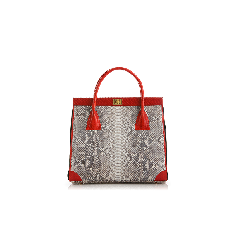 Hand Carry Bag ONG SAN FU Natural Python Red Cobra and Black Suede