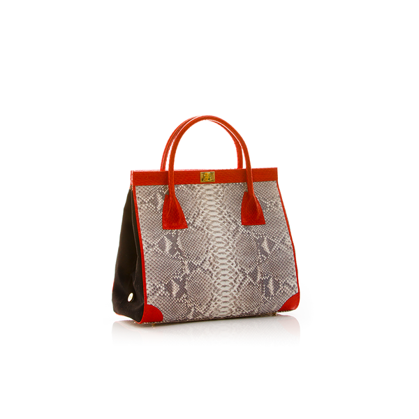 Hand Carry Bag ONG SAN FU Natural Python Red Cobra and Black Suede