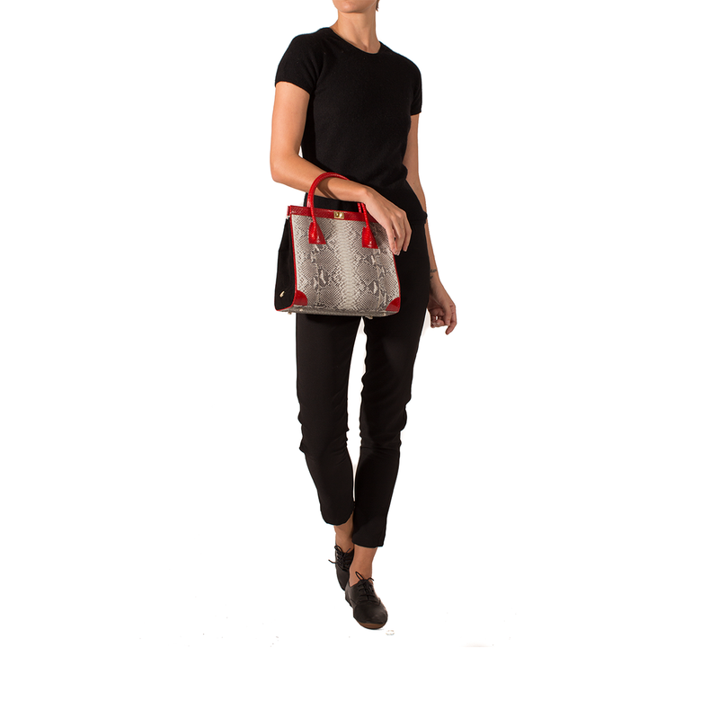 Hand Carry Bag ONG SAN FU Natural Python Red Cobra and Black Suede