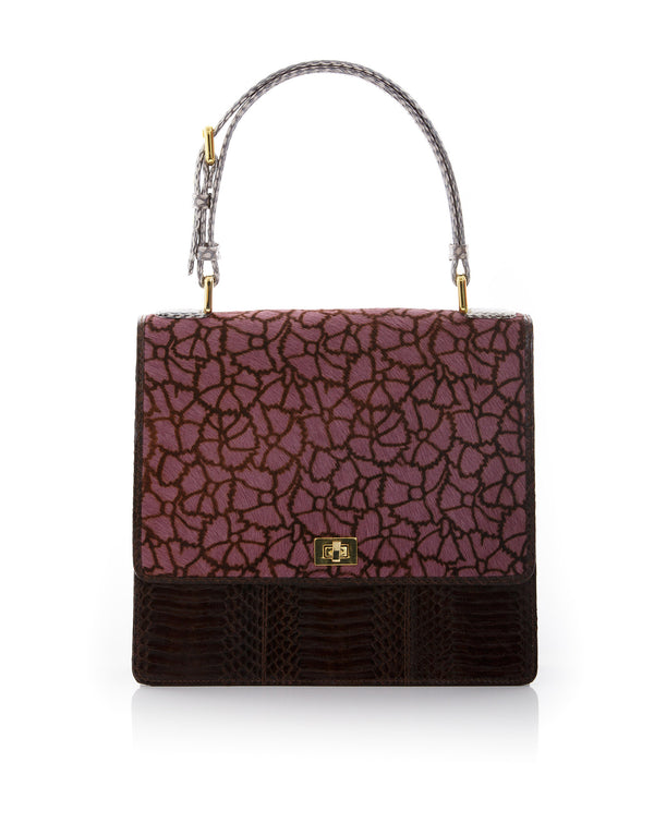 Top Handle Bag TAHDAH flower printed calf and brown cobra