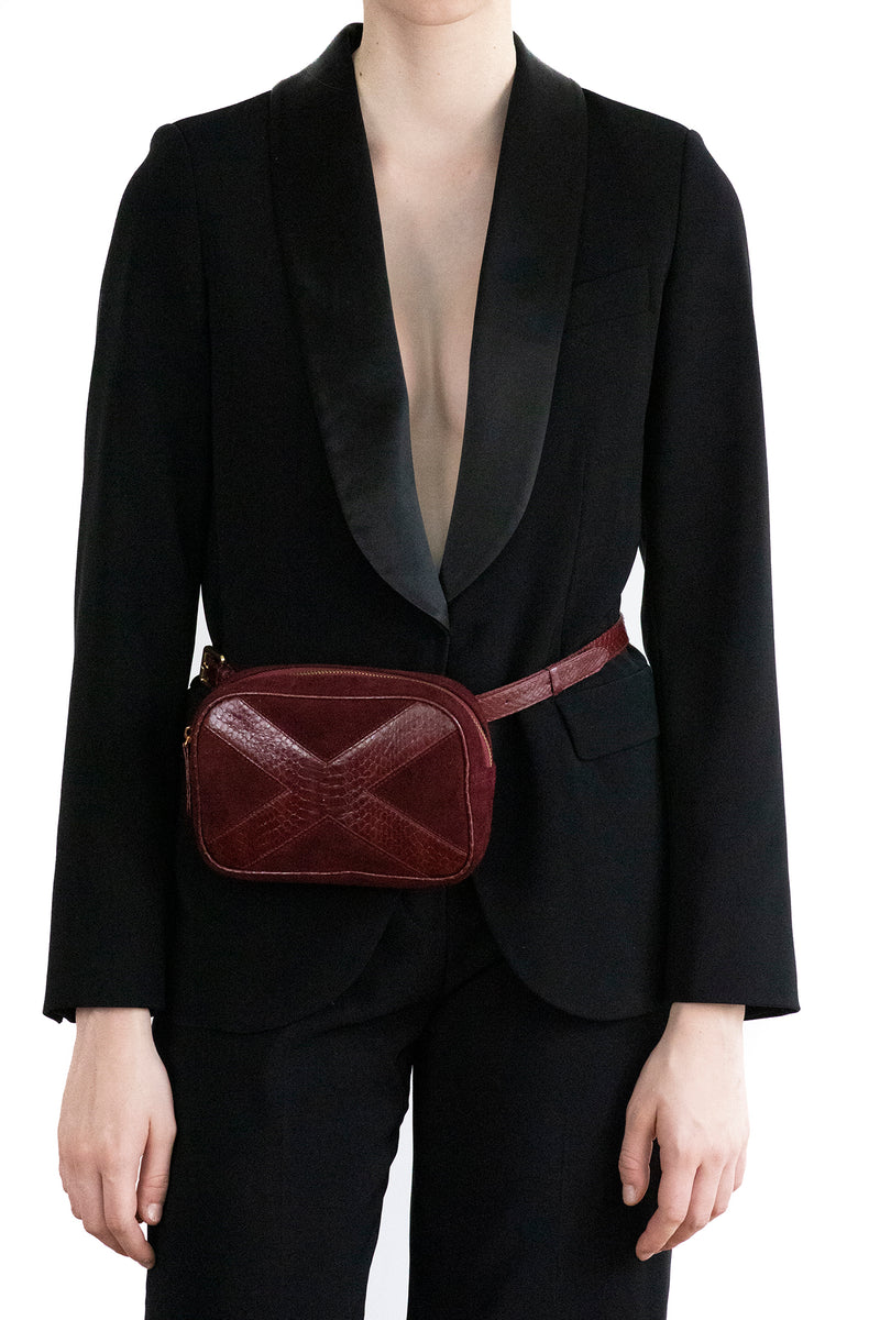 WANTOO, Two-in-one belt and crossbody bag Burgundy cobra and lamb