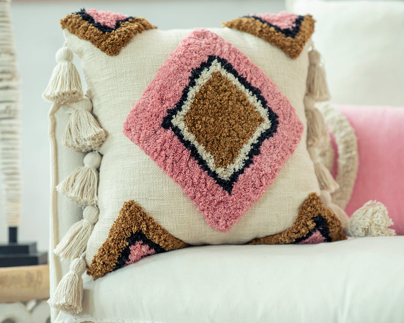 MEKNÈS, Cotton Embroidered tufted textured pillow cover , Pink