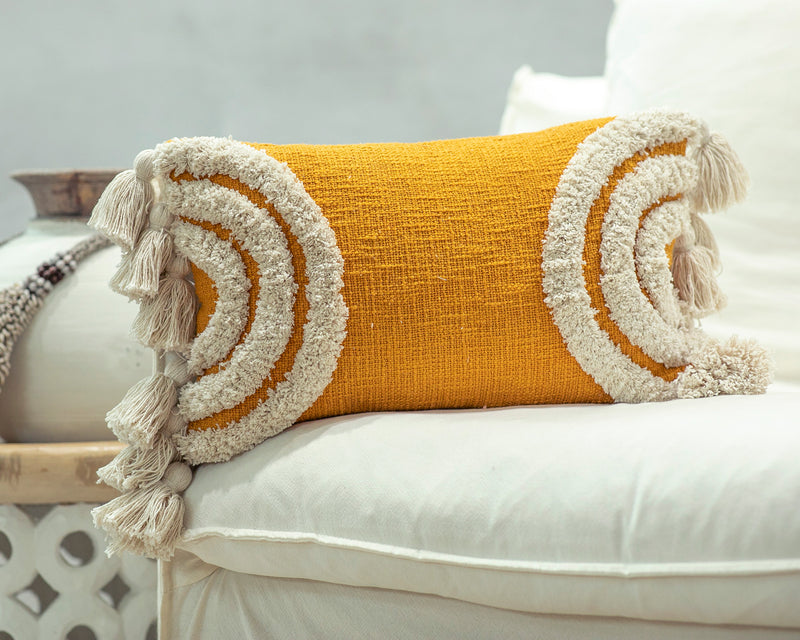 MANSOUR, Cotton Embroidered tufted textured pillow cover, Yellow