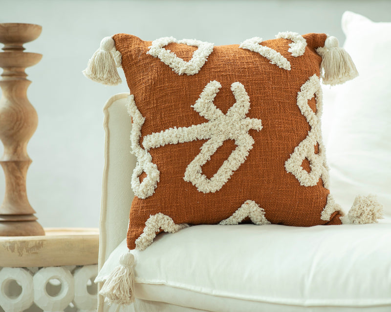 IMLIL, Cotton Embroidered tufted textured pillow cover, Terracota