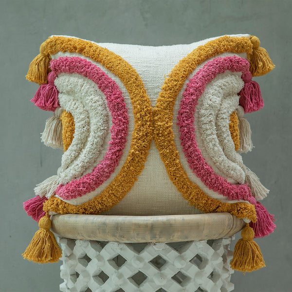 ZAGORA, Cotton Embroidered tufted textured pillow cover, Yellow & pink