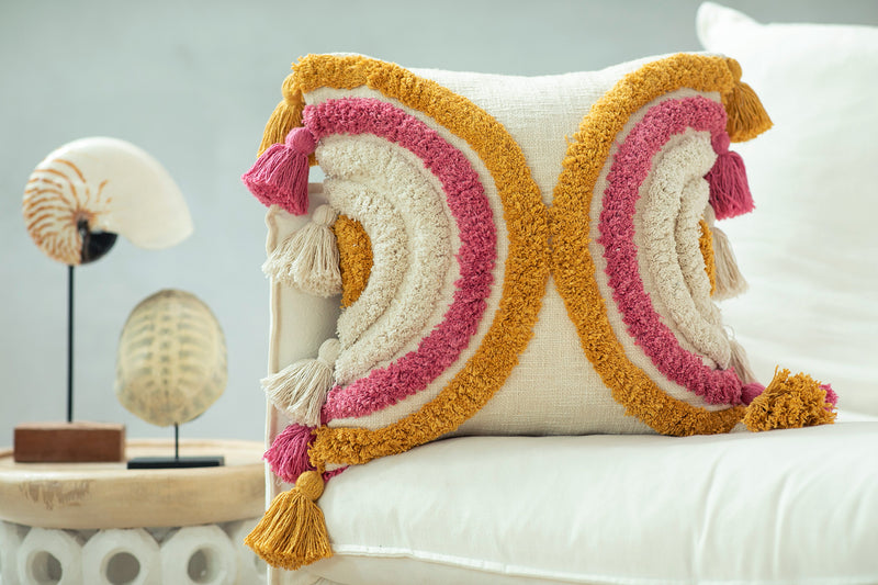 ZAGORA, Cotton Embroidered tufted textured pillow cover, Yellow & pink