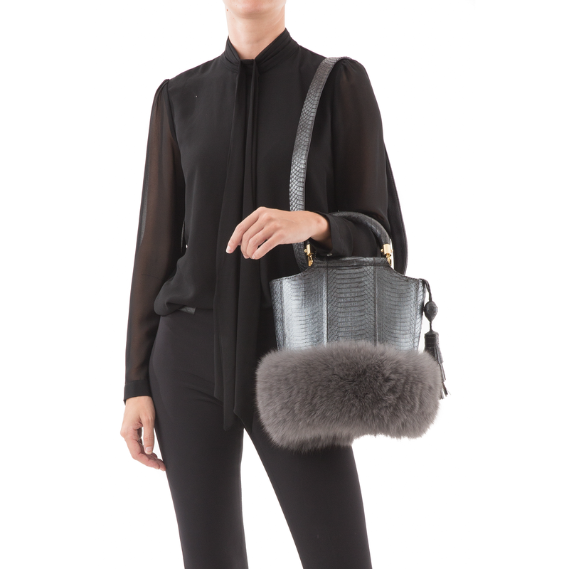 Bucket Bag PASSISSO Gunmetal Cobra and Grey Fur