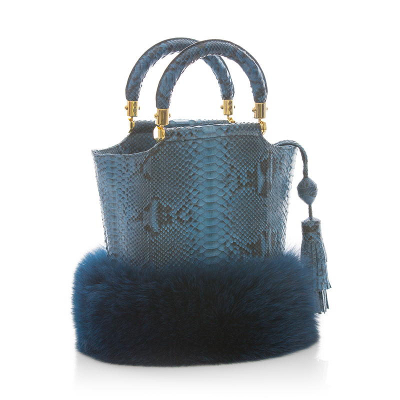 Bucket Bag PASSISSO Cobalt Python and Dark Blue Fur