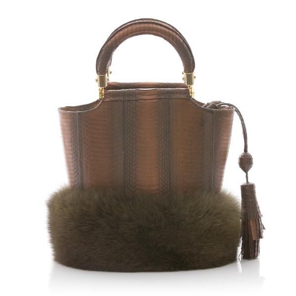 Bucket Bag PASSISSO Muddy Bronze Cobra and Kaki Fur