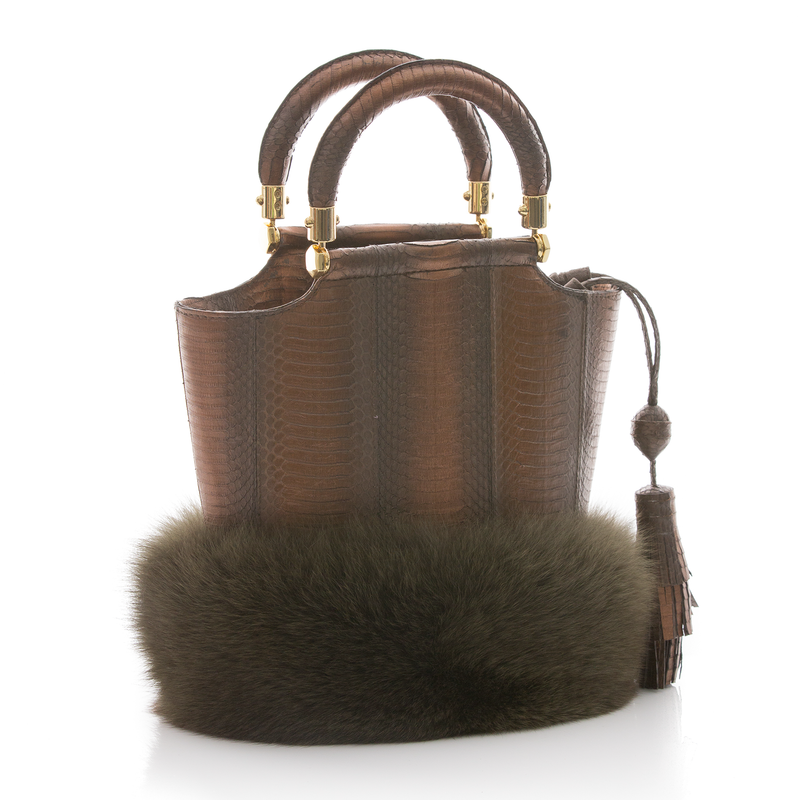 Bucket Bag PASSISSO Muddy Bronze Cobra and Kaki Fur