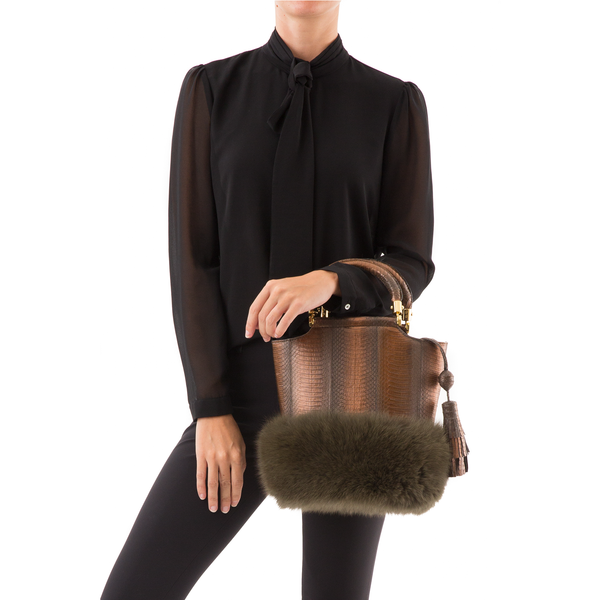 Bucket Bag PASSISSO Muddy Bronze Cobra and Kaki Fur