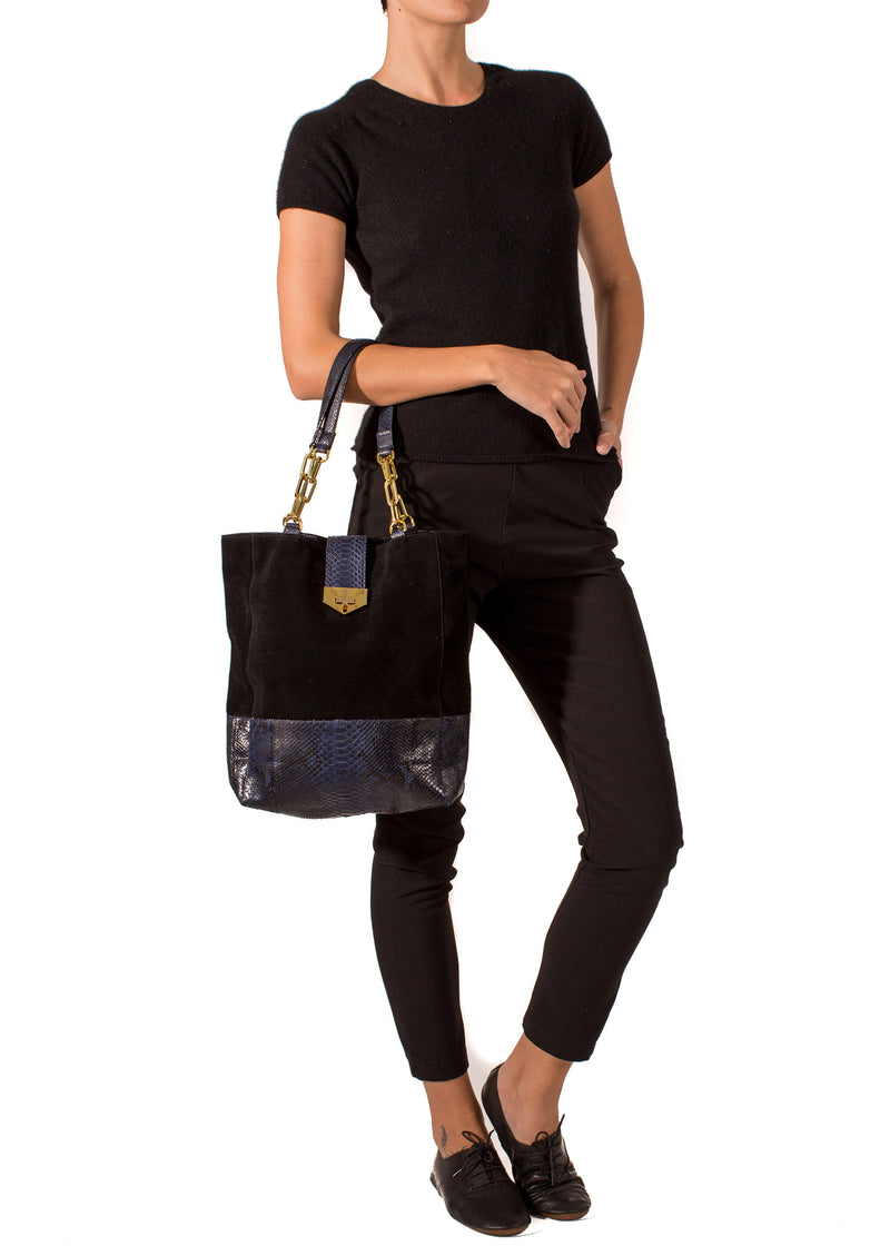 Tote Bag TAH TONG SAK BLACK SUEDE AND NAVY PYTHON