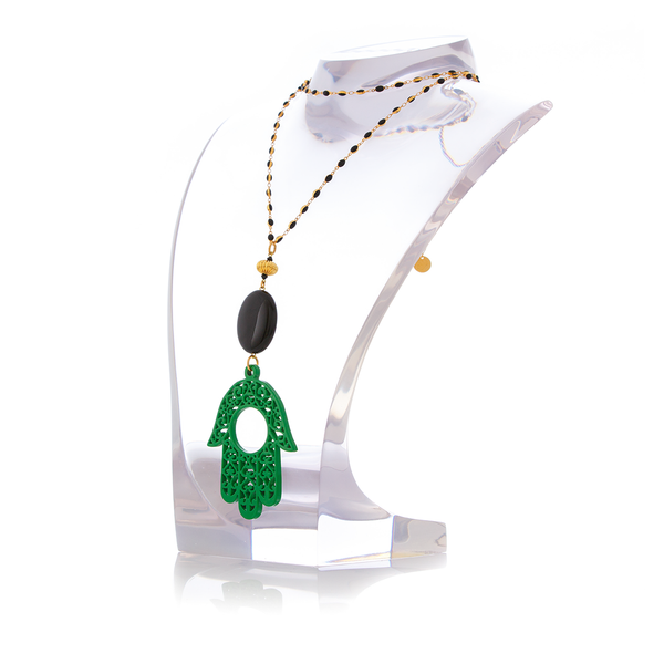 RAKSHA Necklace Black Agate and Green Hand Lacquered-Horn