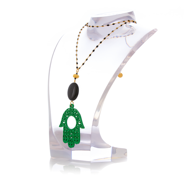 RAKSHA Necklace Black Agate and Green Hand Lacquered-Horn