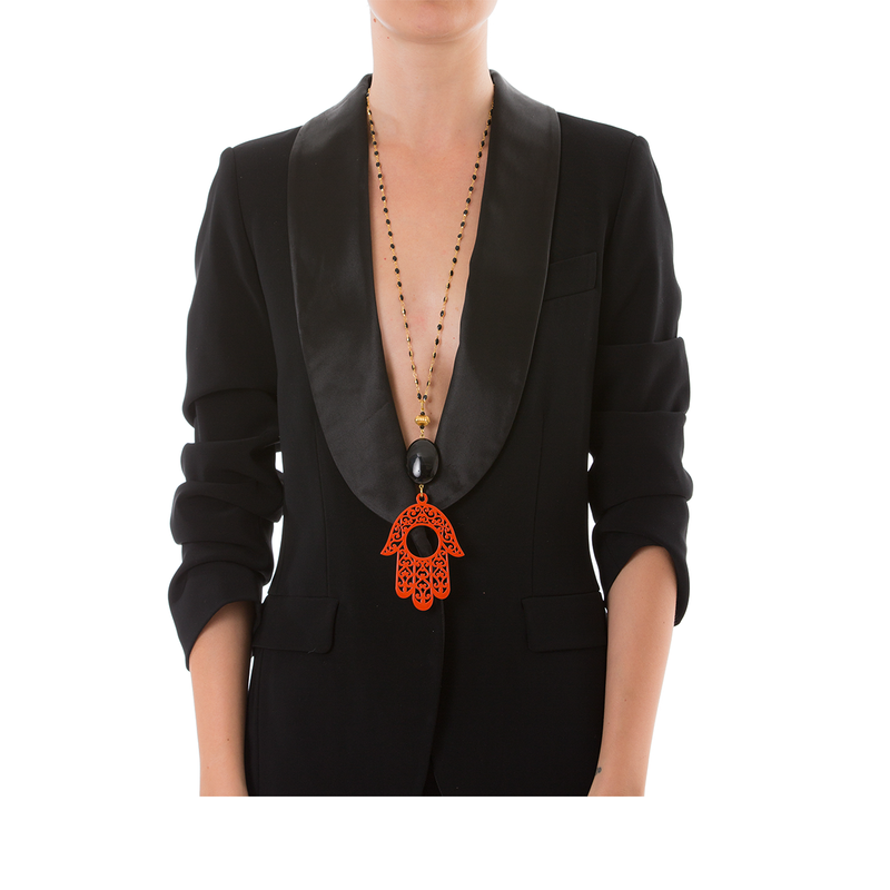 RAKSHA Necklace Black Agate and Orange Hand Lacquered-Horn