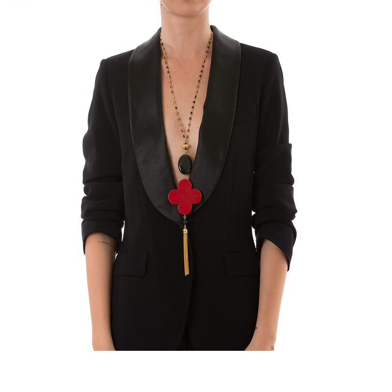 ROMANE Adjustable Tasseled Gold-Plated Necklace & Red Lacquered-Horn