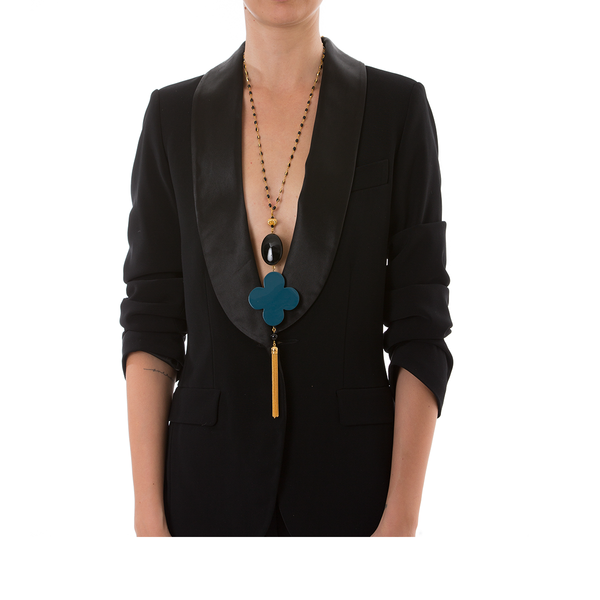 ROMANE Adjustable Tasseled Gold-Plated Necklace & Blue Lacquered-Horn