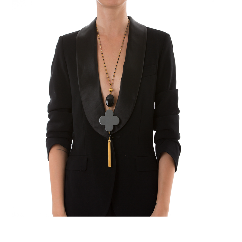 ROMANE Adjustable Tasseled Gold-Plated Necklace & Grey Lacquered-Horn