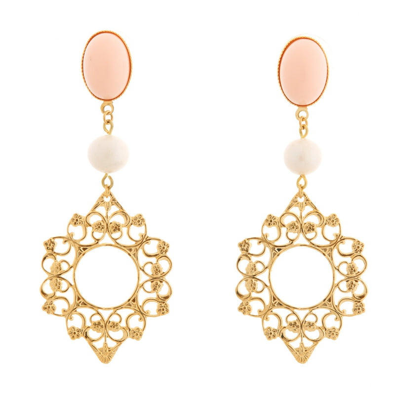 ROSACE Earring Gold-Plated Coral and Pearl