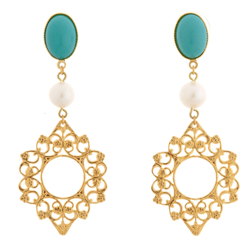 ROSACE Earring Gold-Plated Turquoise and Pearl