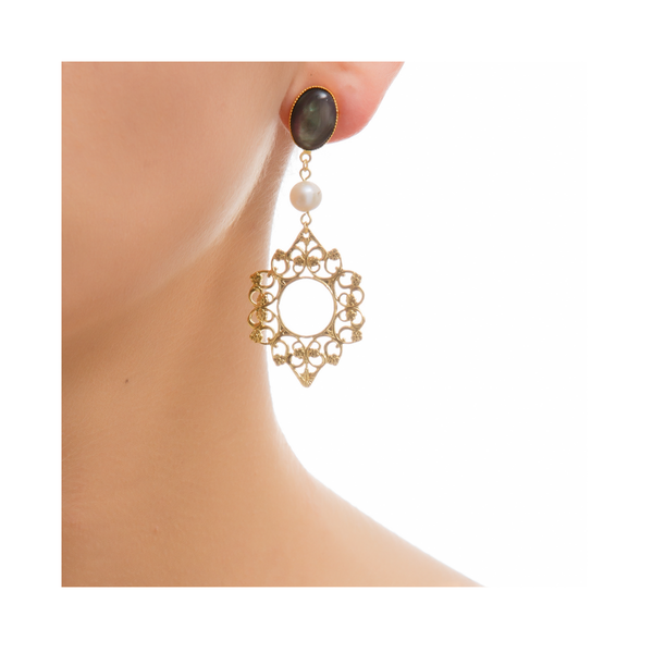 ROSACE Earring Gold-Plated Grey and Pearl