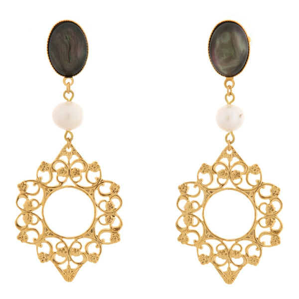 ROSACE Earring Gold-Plated Grey and Pearl
