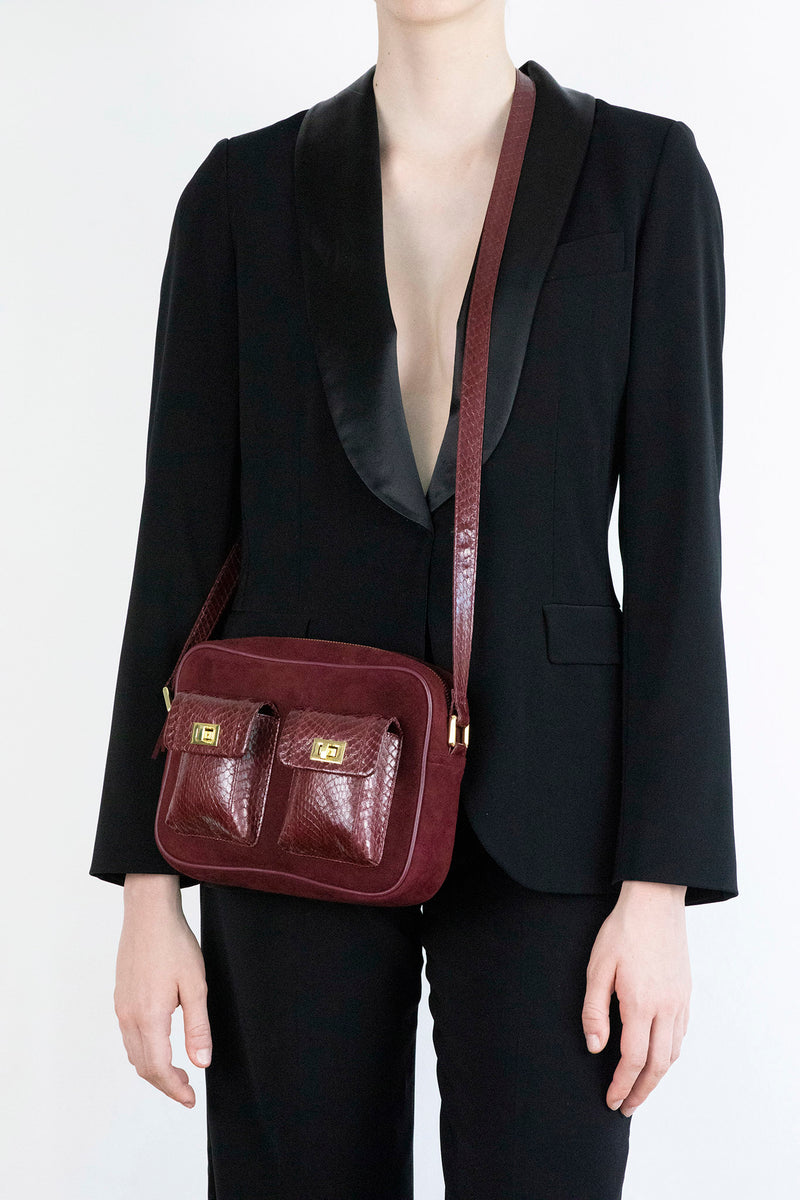 CAMBAG, crossbody bag Burgundy cobra and lamb suede