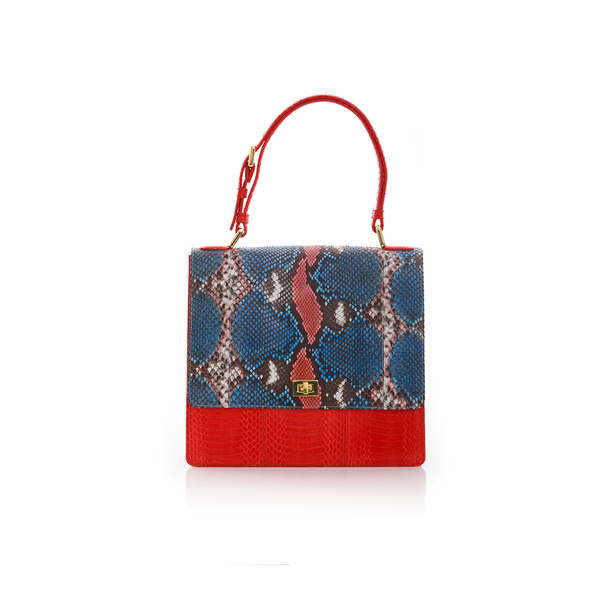 Top Handle Bag TAHDAH Red and Blue Painted Python and Red Cobra