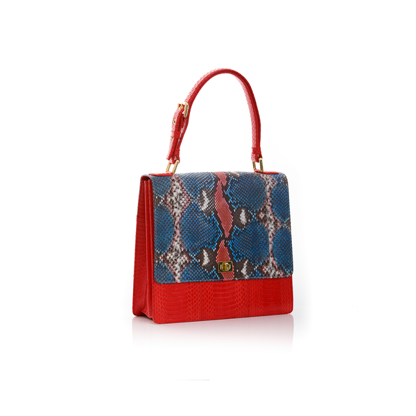 Top Handle Bag TAHDAH Red and Blue Painted Python and Red Cobra