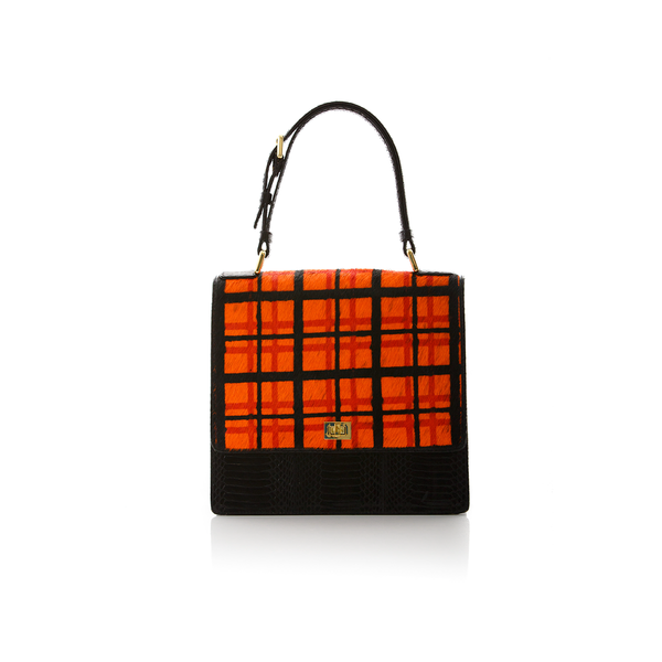 Top Handle Bag TAHDAH Orange Tartan and Black Cobra