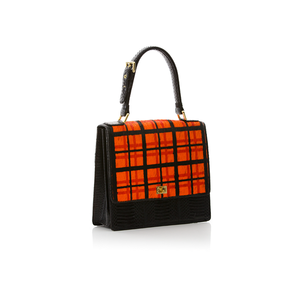 Top Handle Bag TAHDAH Orange Tartan and Black Cobra