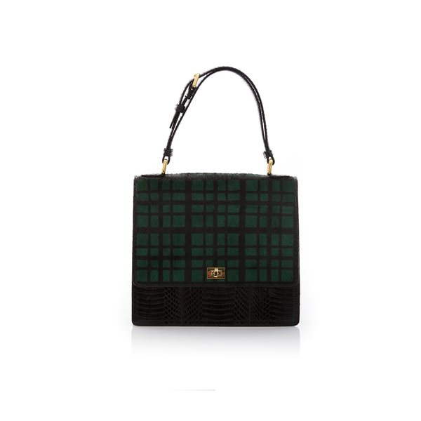 Top Handle Bag TAHDAH Green Tartan and Black Cobra