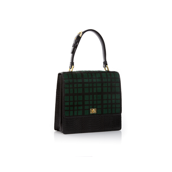 Top Handle Bag TAHDAH Green Tartan and Black Cobra