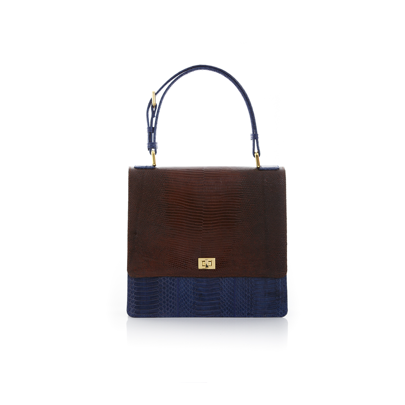 Top Handle Bag TAHDAH Brown Lizard and Navy Cobra