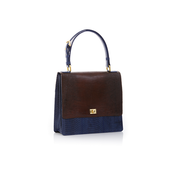 Top Handle Bag TAHDAH Brown Lizard and Navy Cobra