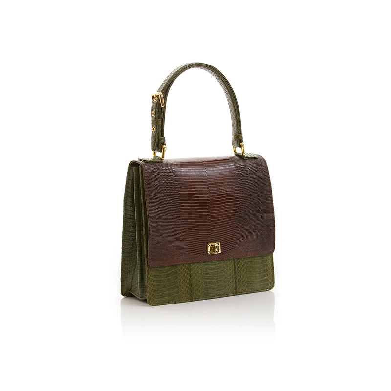 Top Handle Bag TAHDAH Brown Lizard and Summer Green Cobra