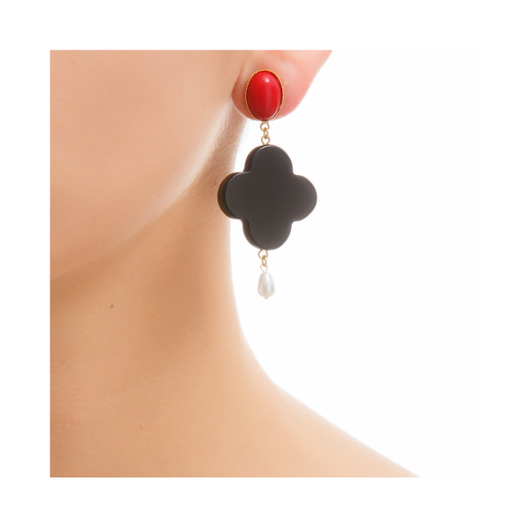 TEKKA Earring Black Lacquered-Horn Red and Pearl