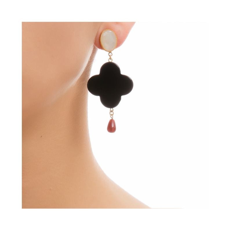 TEKKA Earring Black Lacquered-Horn Pearl and Cornelian