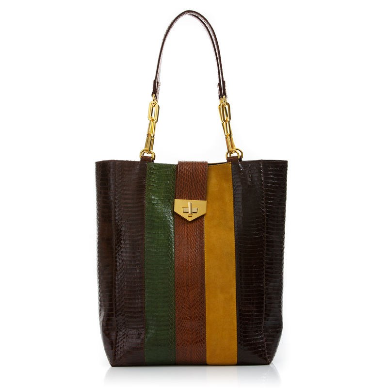 Tote Bag TAH TONG SAK Brown and Summer Green Cobra and Mustard Suede